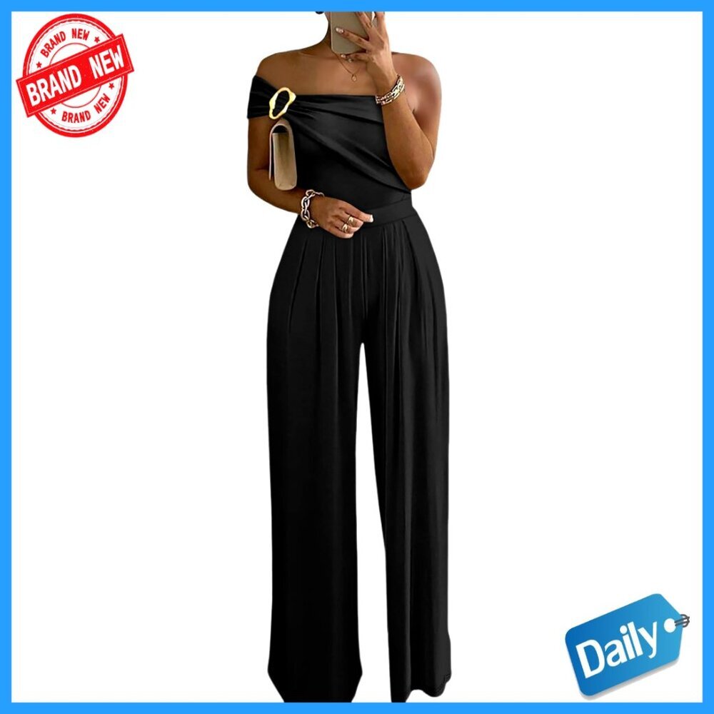 One Shoulder Jumpsuit Ruched Waist Wide Leg Elegant Party Wear Stretchy Fabric